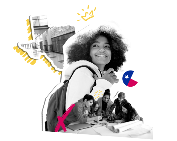 A collage of a girl with a backpack looking up, a school hallway, and a group of people working at a desk.