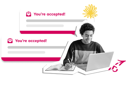 A student sits at a desk with a laptop and notebook, smiling, with two notification pop-ups behind them stating You’re accepted!