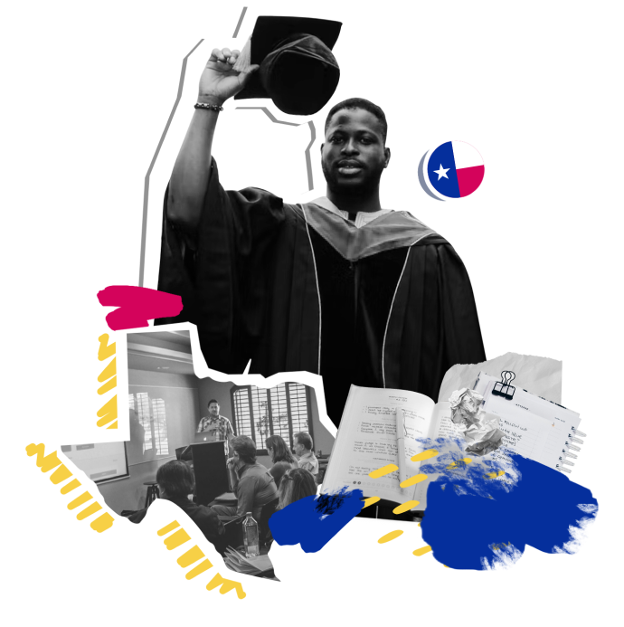 Collage of a student in a cap and gown lifting their cap in the air with a college classroom scene and notebooks.
